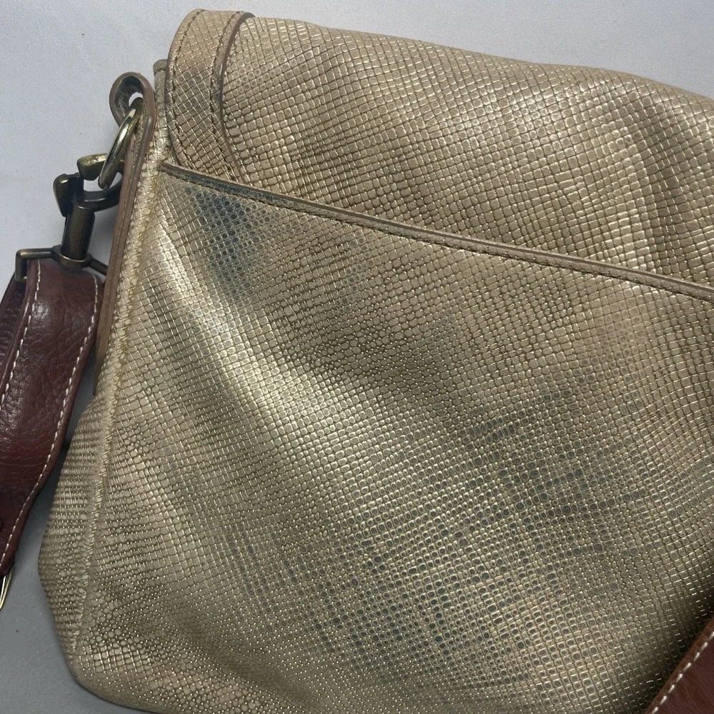 Fossil Distressed Metallic Gold Leather Flap Crossbody Messenger Bag